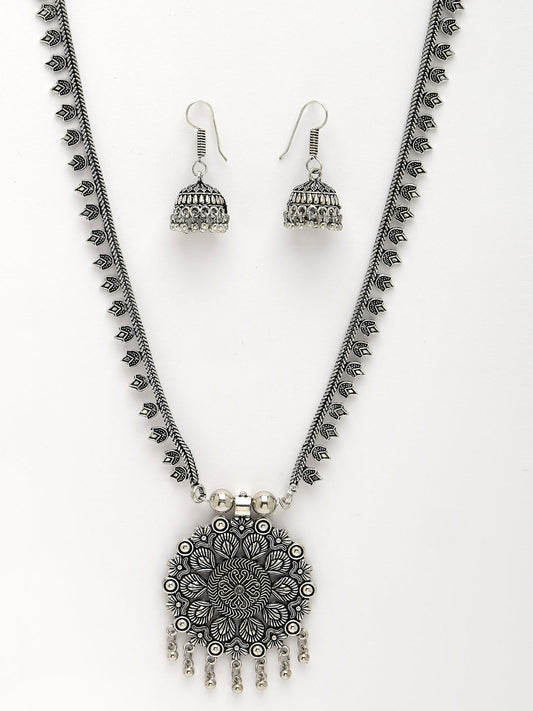 NVR Women Silver-Toned Floral Shape Oxidized Necklace with Jhumka Earrings