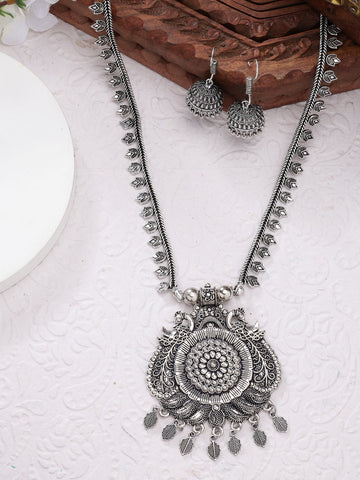 NVR Women Silver-Toned Peacock Design Oxidized Necklace with Jhumka Earrings