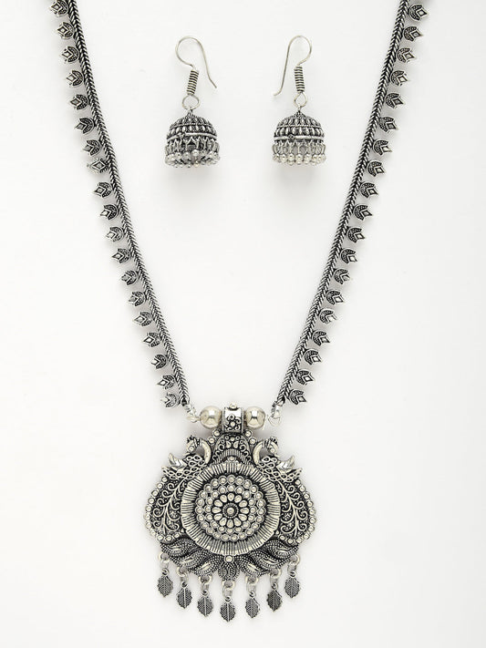 NVR Women Silver-Toned Peacock Design Oxidized Necklace with Jhumka Earrings