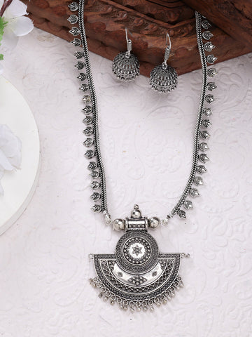 NVR Women Silver-Toned German Silver Oxidised Necklace with Jhumka Earrings