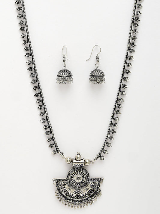 NVR Women Silver-Toned German Silver Oxidised Necklace with Jhumka Earrings