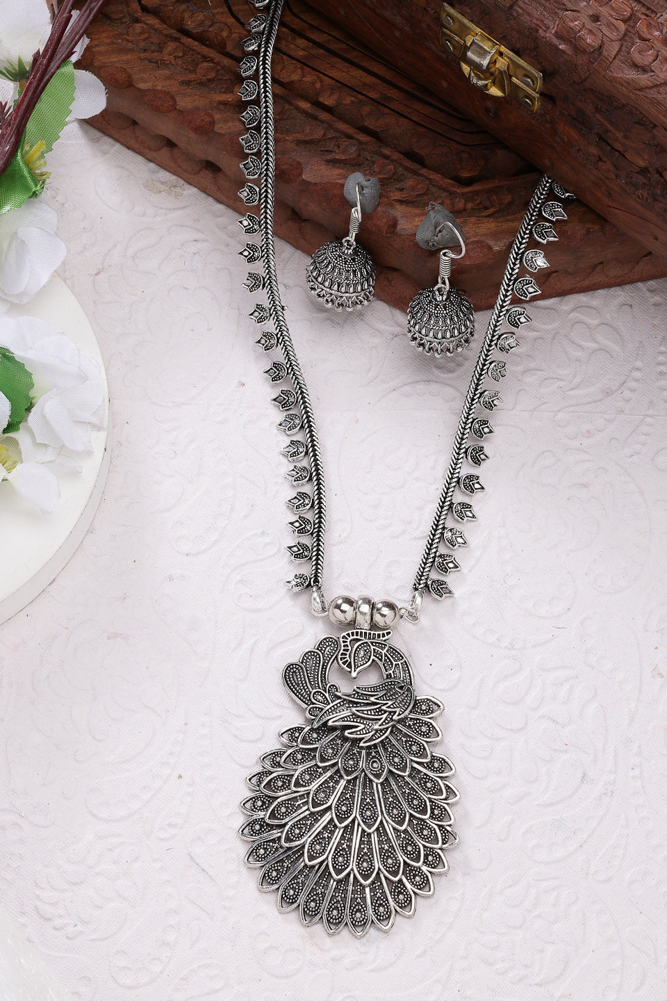 NVR Women Silver-Toned Peacock Design Oxidized Necklace with Jhumka Earrings