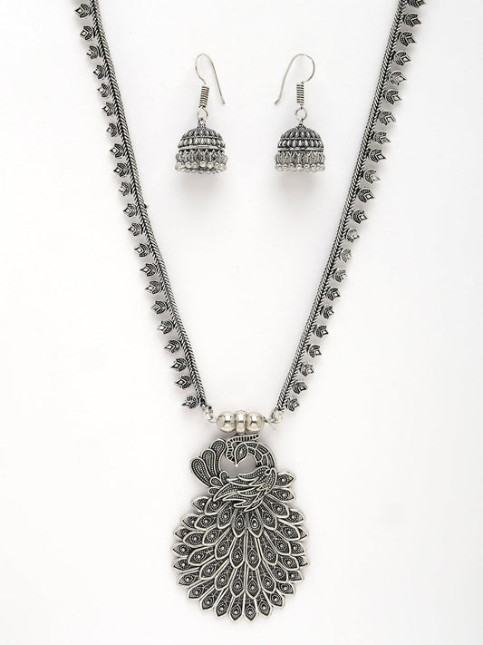 NVR Women Silver-Toned Peacock Design Oxidized Necklace with Jhumka Earrings