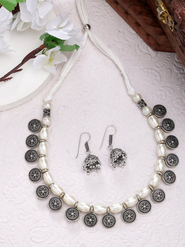 NVR Women White Silver-Plated Choke Oxidized Necklace with Jhumka Earrings