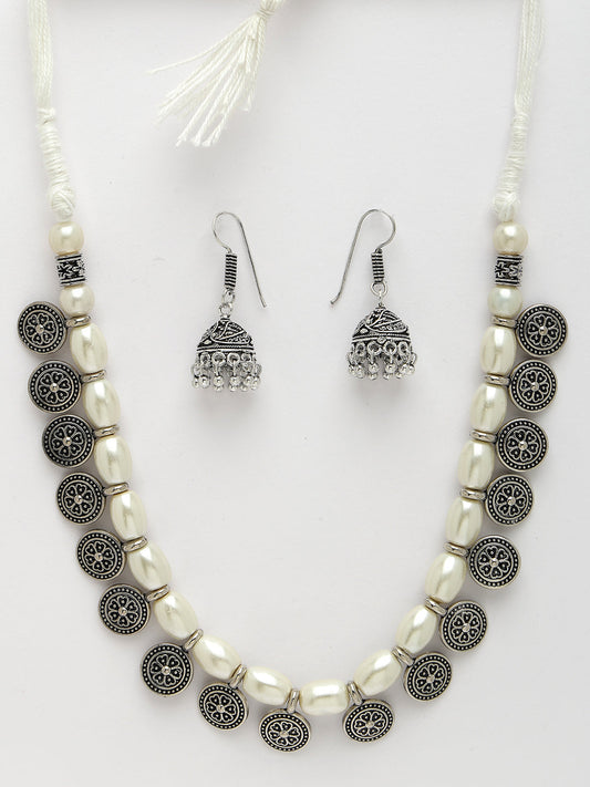 NVR Women White Silver-Plated Choke Oxidized Necklace with Jhumka Earrings