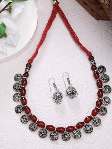 NVR Women Red Silver-Plated Choke Oxidized Necklace with Jhumka Earrings