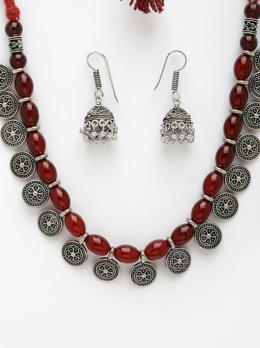 NVR Women Red Silver-Plated Choke Oxidized Necklace with Jhumka Earrings