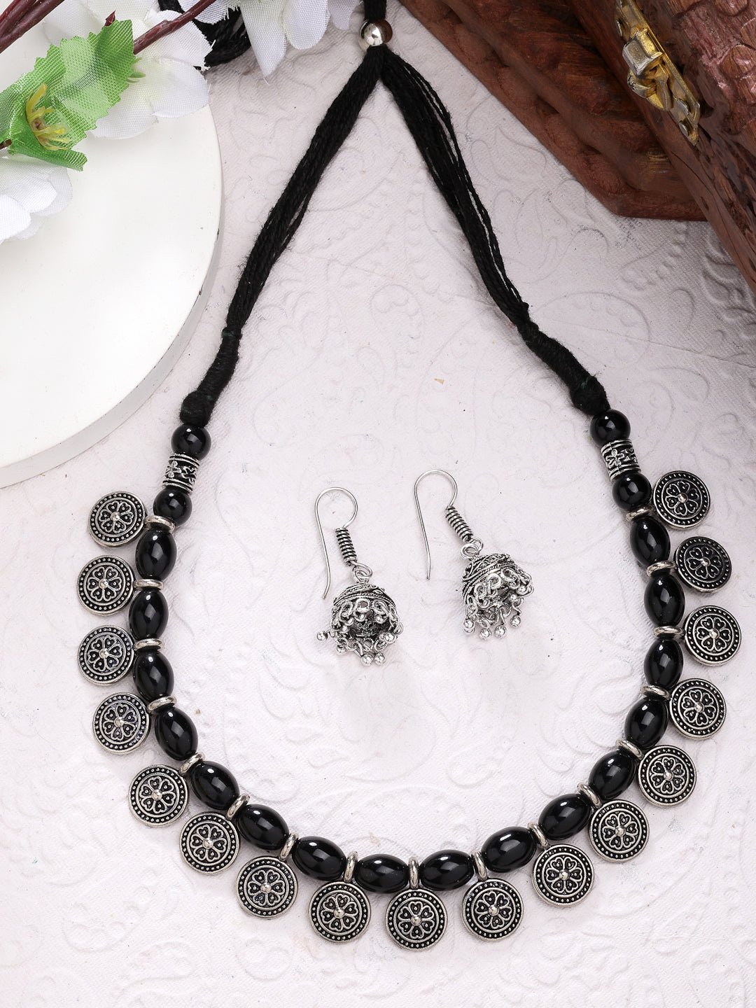 NVR Women Black Silver-Plated Choke Oxidized Necklace with Jhumka Earrings