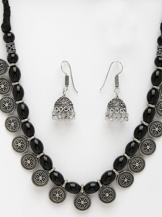 NVR Women Black Silver-Plated Choke Oxidized Necklace with Jhumka Earrings