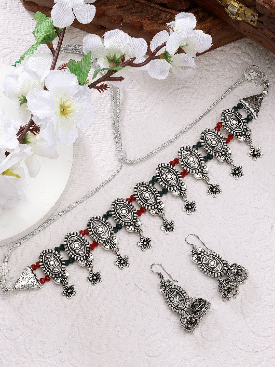 NVR Women Silver-Plated Choke Oxidized Necklace with Jhumka Earrings