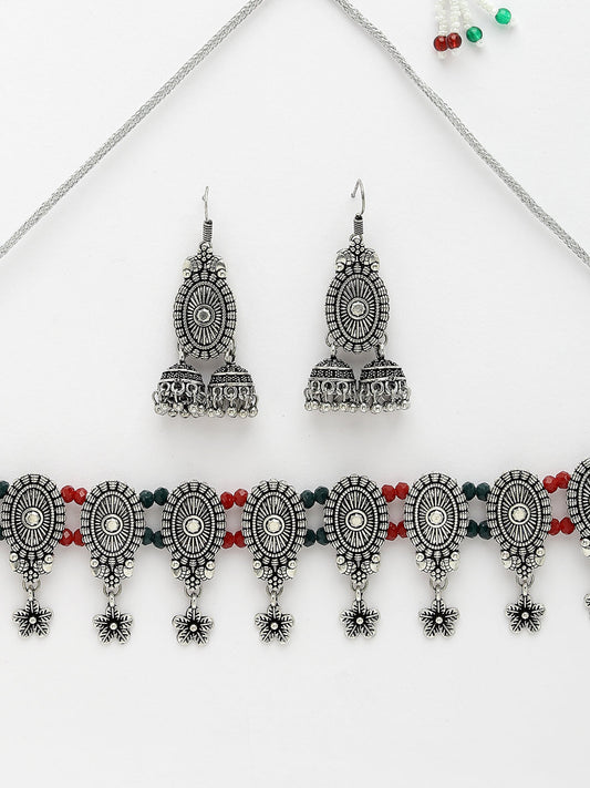 NVR Women Silver-Plated Choke Oxidized Necklace with Jhumka Earrings