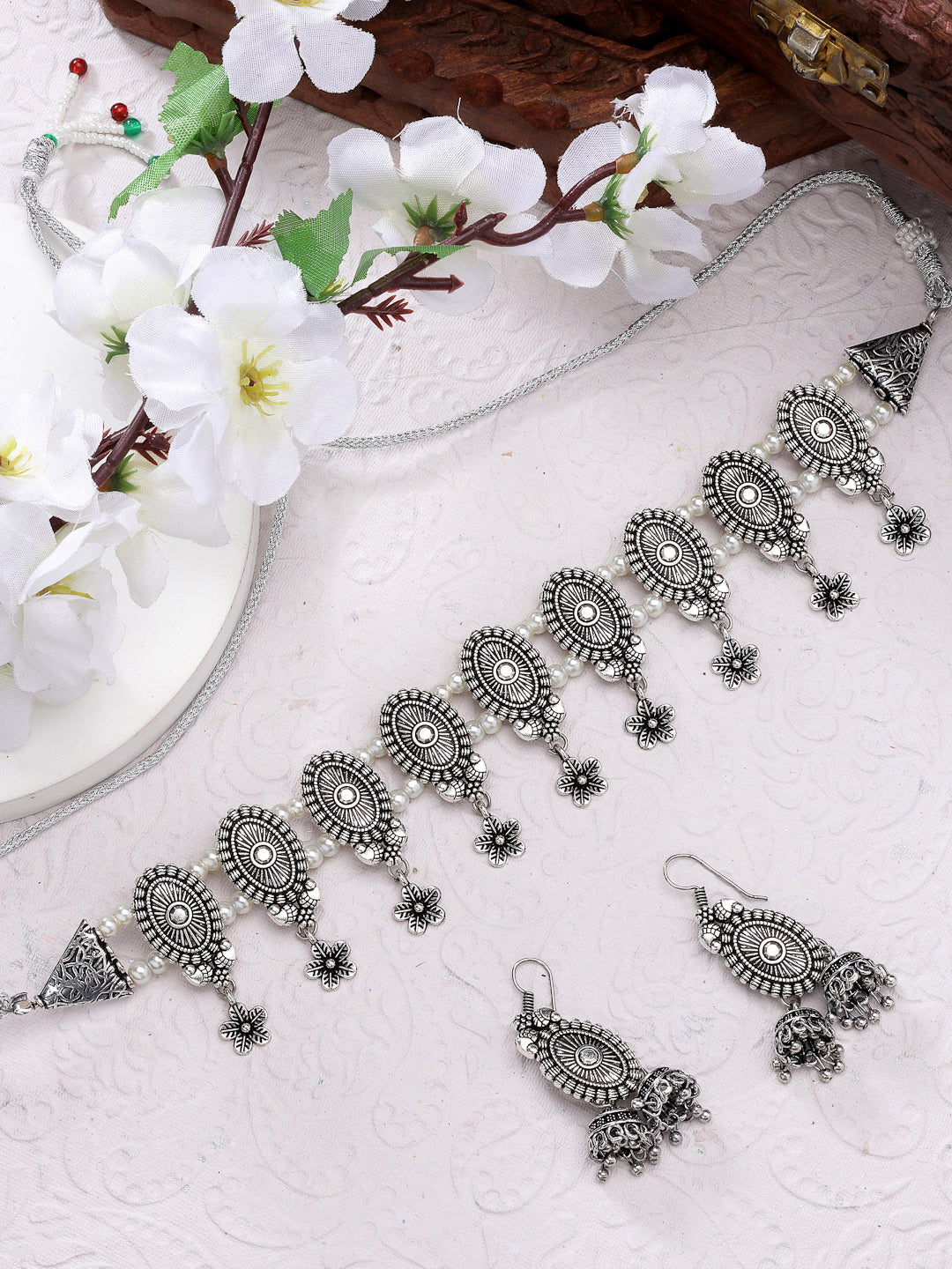 NVR Women Silver-Plated Choke Oxidized Necklace with Jhumka Earrings