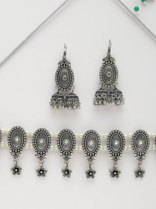 NVR Women Silver-Plated Choke Oxidized Necklace with Jhumka Earrings