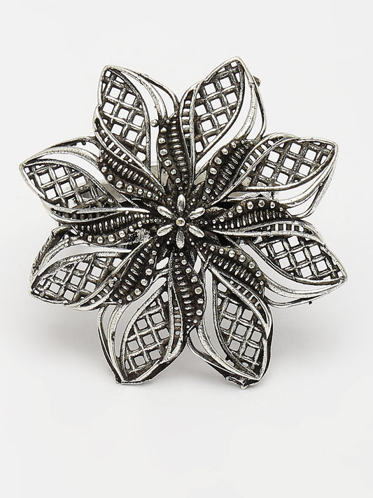 NVR Women Silver-Toned Floral Shape Adjustable Finger Ring