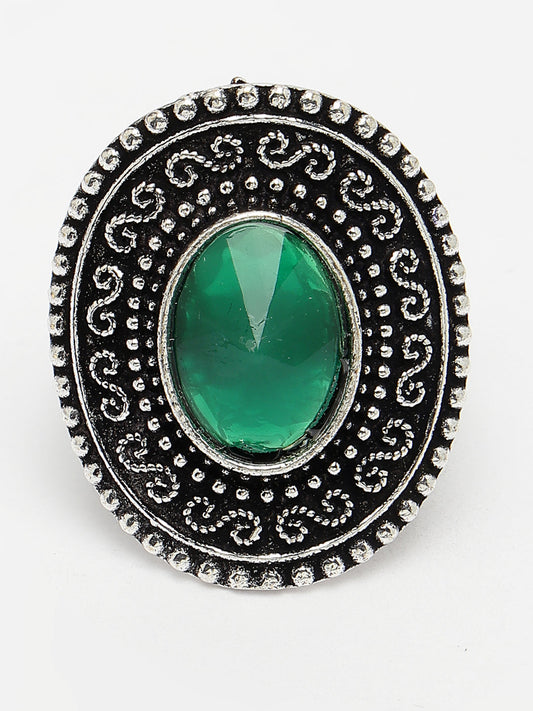 NVR Women Green Silver-Toned German Silver Adjustable Finger Ring