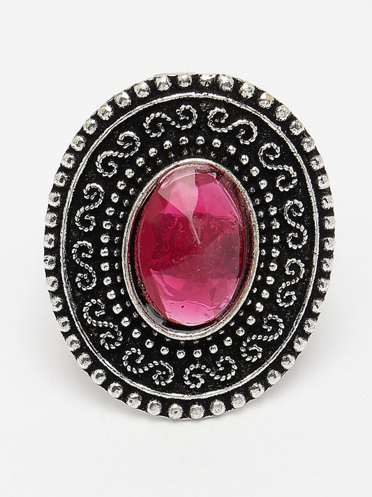 NVR Women Pink Silver-Toned German Silver Adjustable Finger Ring