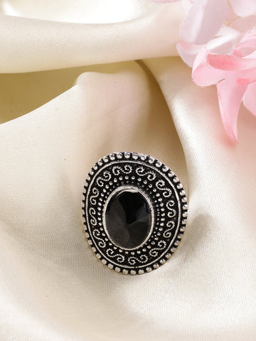 NVR Women Black Silver-Toned German Silver Adjustable Finger Ring