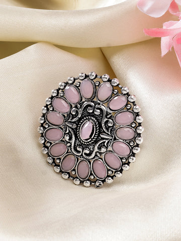 NVR Women Pink Silver-Plated Circular Shape Adjustable Finger Ring