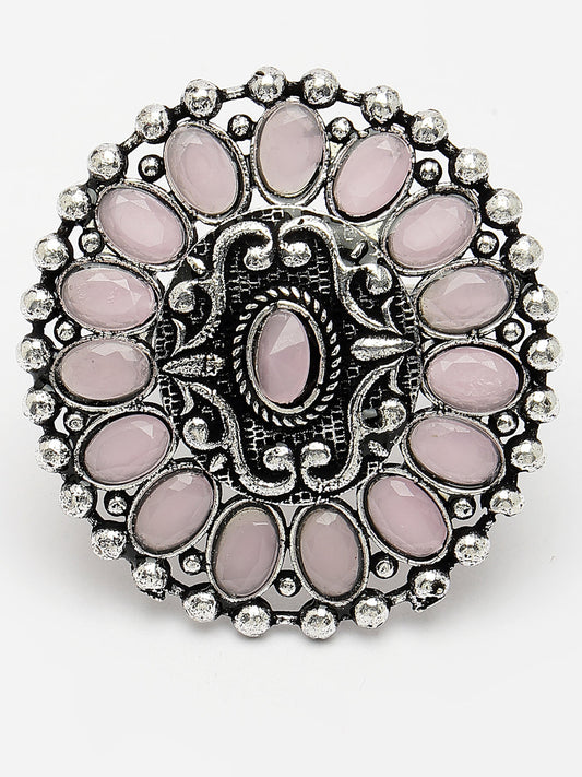NVR Women Pink Silver-Plated Circular Shape Adjustable Finger Ring