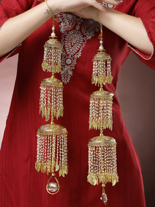 NVR Women Pack Of 2 Gold Plated & White Pearl Beaded Bridal Layered Heavy Kaleera Sets