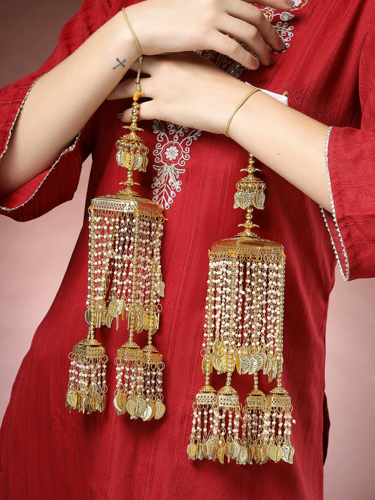 NVR Women Pack Of 2 Gold Plated & White Pearl Beaded Bridal Heavy Kaleera Sets