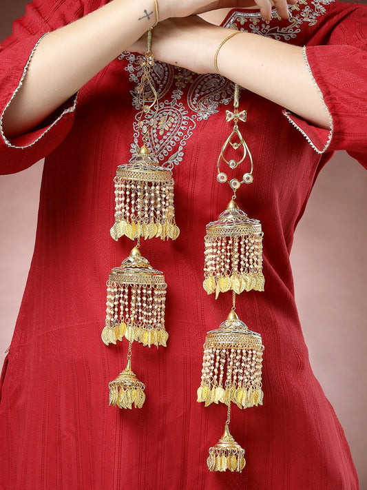 NVR Women Pack Of 2 Gold- Plated & White Pearl Mirror Work Bridal Layered Kaleera Sets