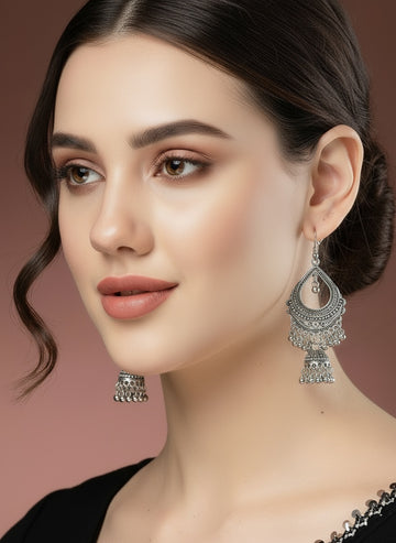 NVR Women Silver Plated German Silver Oxidized Jhumka Earrings