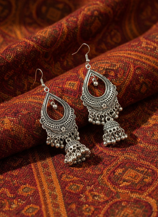 NVR Women Silver Plated German Silver Oxidized Jhumka Earrings