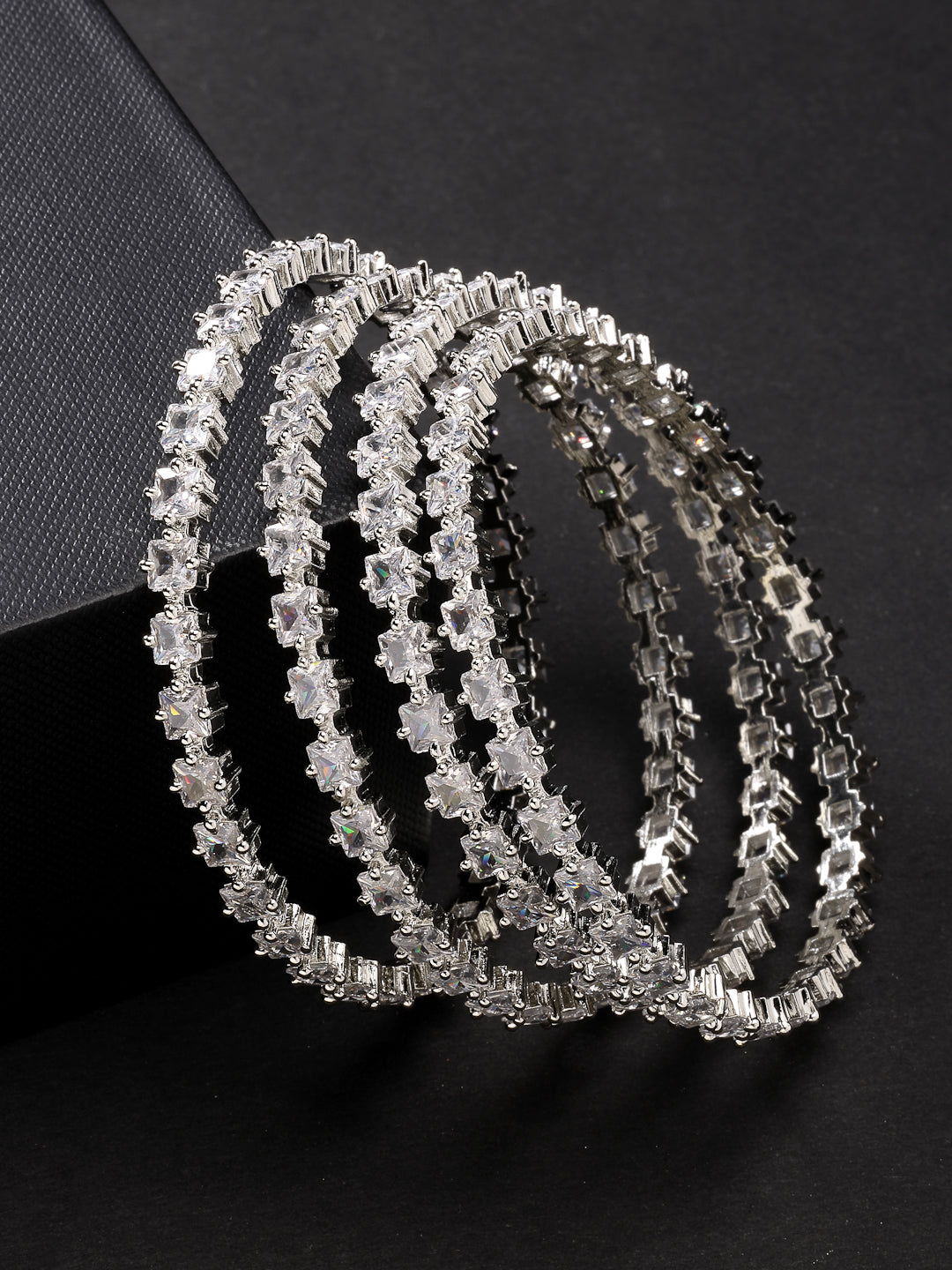 NVR Women Set of 4 Silver-Plated CZ Stone-Studded Handcrafted Bangles