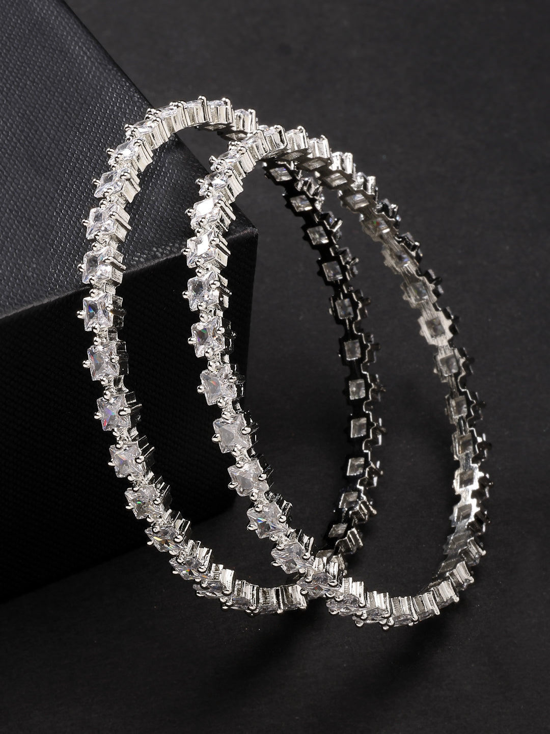 NVR Women Set of 2 Silver-Plated CZ Stone-Studded Handcrafted Bangles