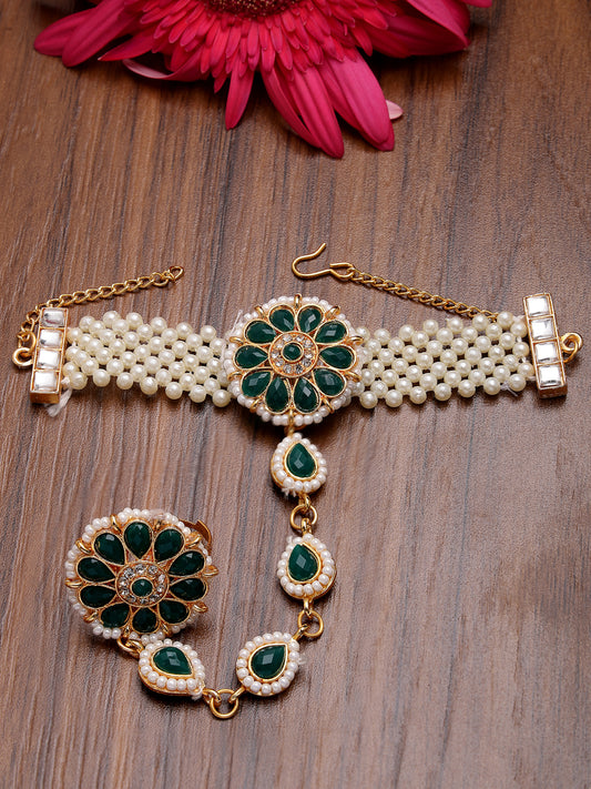 NVR Women Green Gold-Plated Stone Studded Handcrafted Ring Bracelet