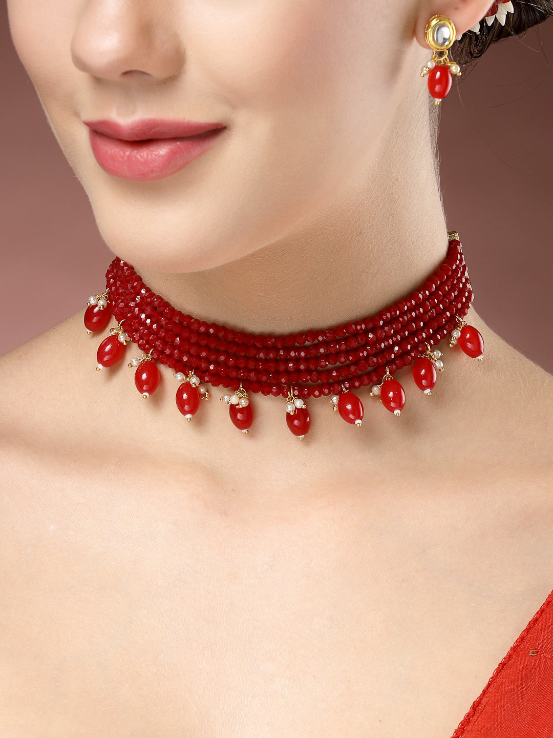 NVR Women Red Artificial Beads Layered Necklace with Drop Earrings