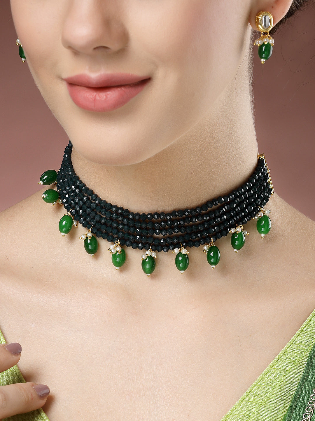 NVR Women Green Artificial Beads Layered Necklace with Drop Earrings