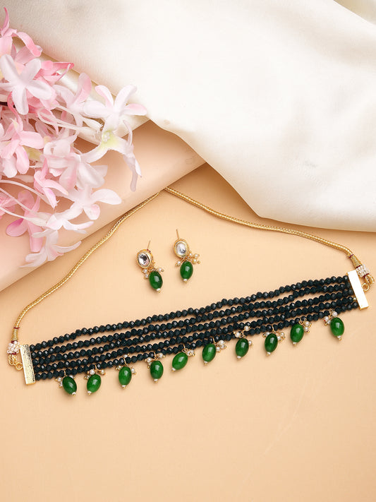 NVR Women Green Artificial Beads Layered Necklace with Drop Earrings