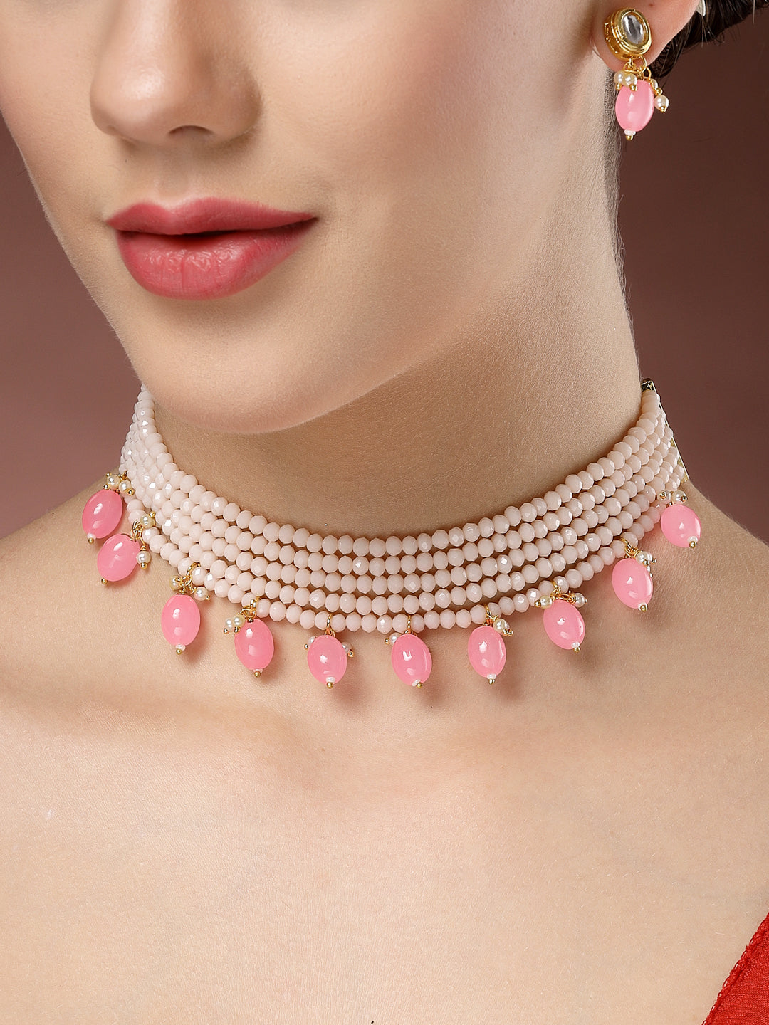 NVR Women Pink Artificial Beads Layered Necklace with Drop Earrings