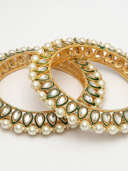 NVR Women Set Of 2 Gold-Plated Kundan-Studded & Pearls-Beaded Bangles