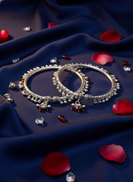 NVR Women Set of 2 Silver-Plated Kada Anklets