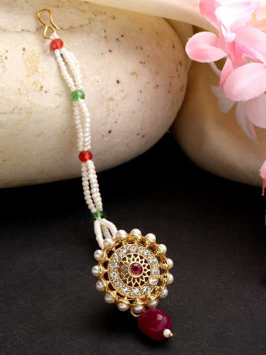 NVR Women Gold-Plated CZ Stone-Studded Borla Maang Tikka