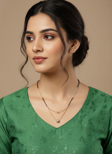 NVR Women Rose Gold CZ Stone-Studded & Beaded Layered Mangalsutra