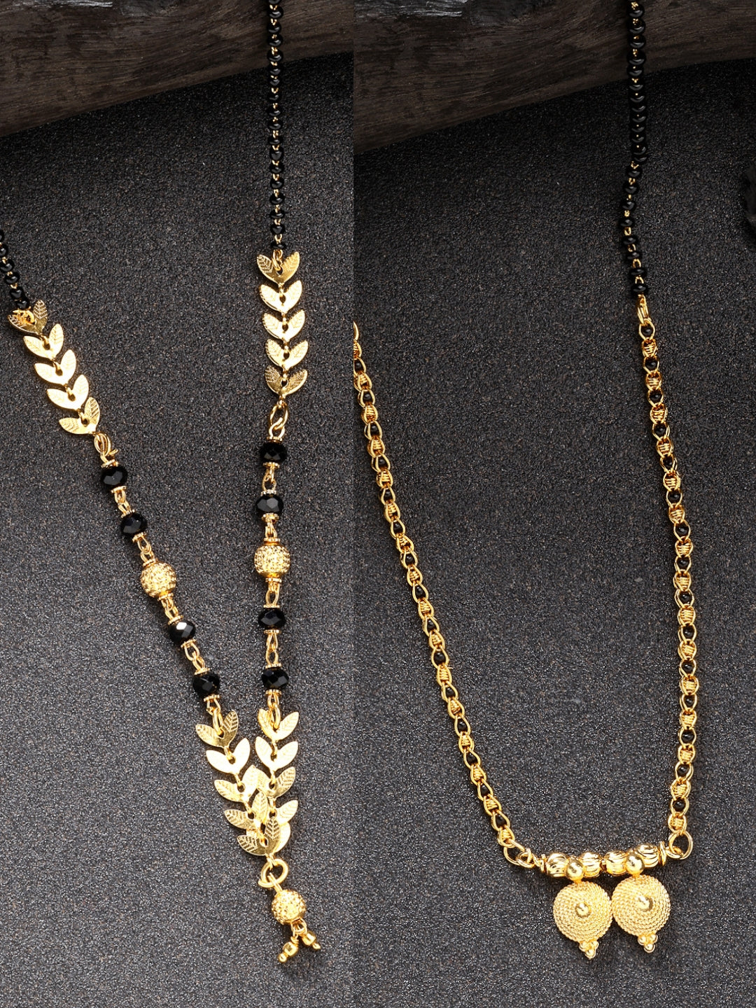 NVR Women Set of 2 Gold-Plated Black Beaded Mangalsutra