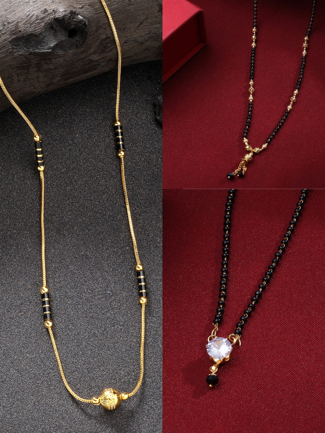 NVR Women Set of 3 Gold-Plated CZ Stone-Studded & Beaded Mangalsutra