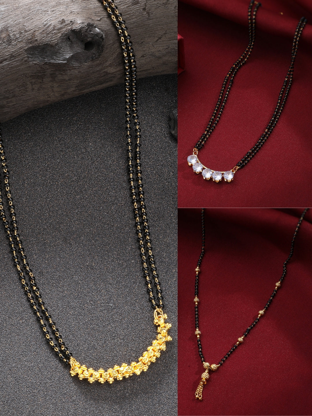 NVR Women Set of 3 Gold-Plated CZ Stone-Studded & Beaded Mangalsutra