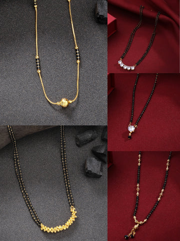 NVR Women Set of 5 Gold-Plated CZ Stone-Studded & Beaded Mangalsutra