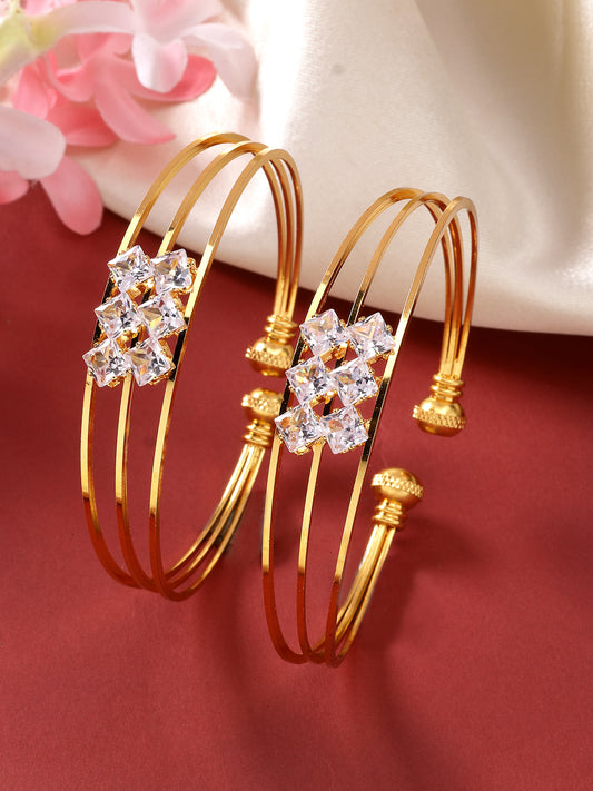 NVR Women Set of 2 Gold-Plated CZ Stone-Studded Adjustable Bangles