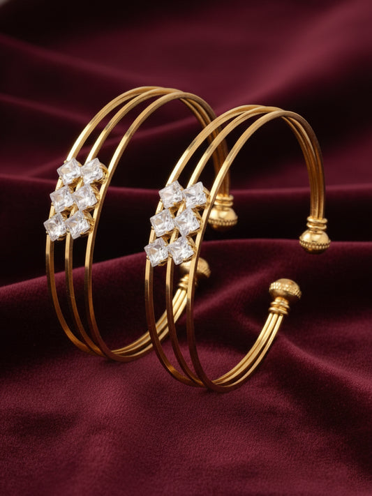 NVR Women Set of 2 Gold Plated CZ Stone Adjustable Bangles
