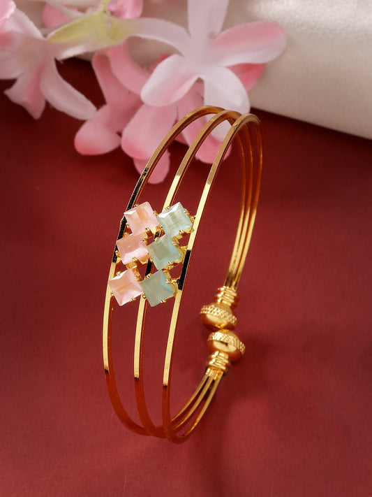 NVR Women Gold-Plated CZ Stone-Studded Cuff Bracelet