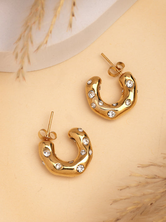 NVR Women's Gold-Plated CZ-Studded Half Hoop Earrings