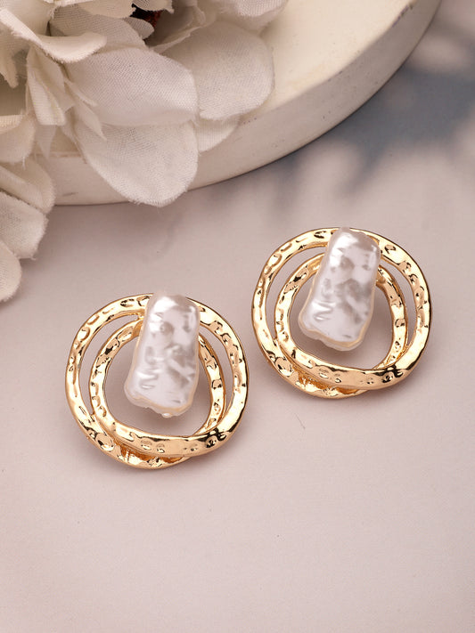 NVR Women's White & Gold-Plated Circular Shape Studs Earring