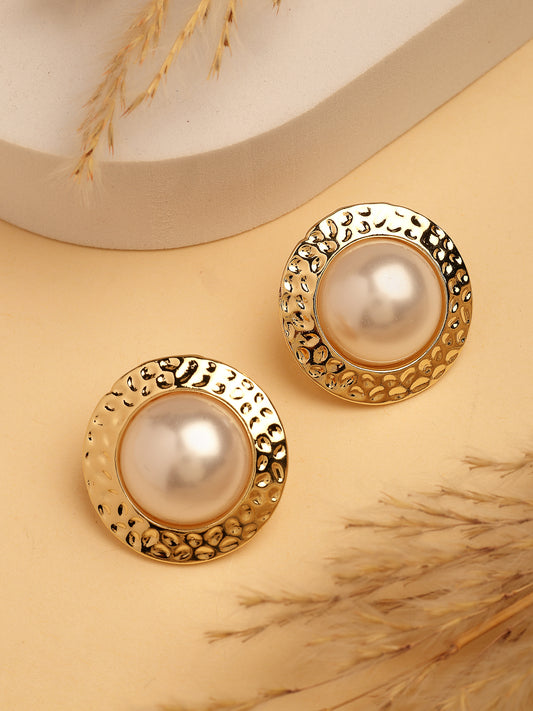 NVR Women's Gold-Plated White Pearl Circular Shape Studs Earring