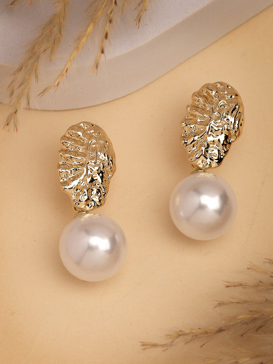 NVR Women's Gold-Plated White Pearl Drop Earrings